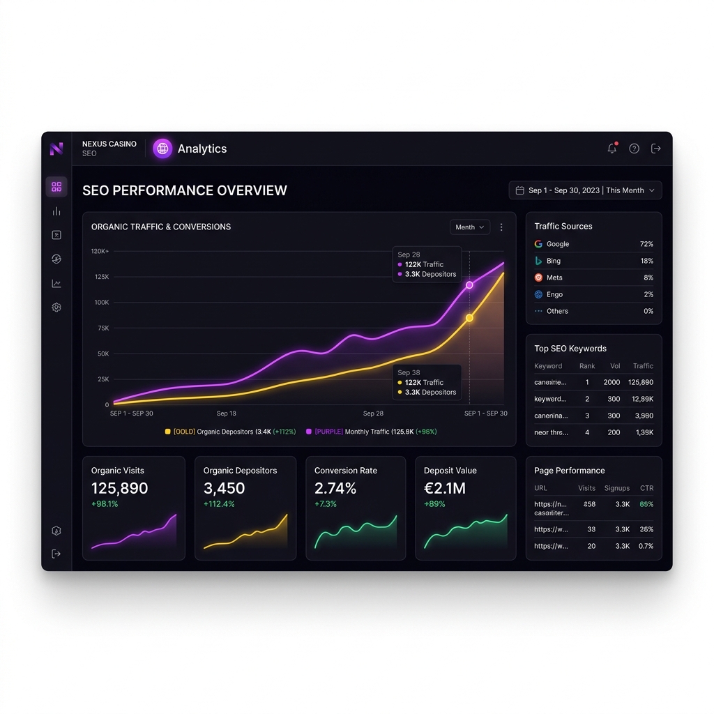 iGaming SEO analytics dashboard showing depositors growth